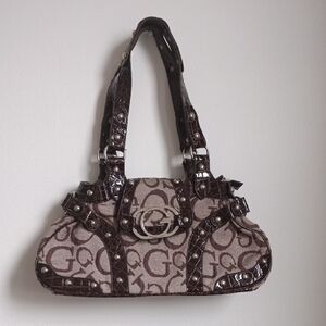 Brown Logo-Print Shoulder Bag with Dark Brown Patent Trim